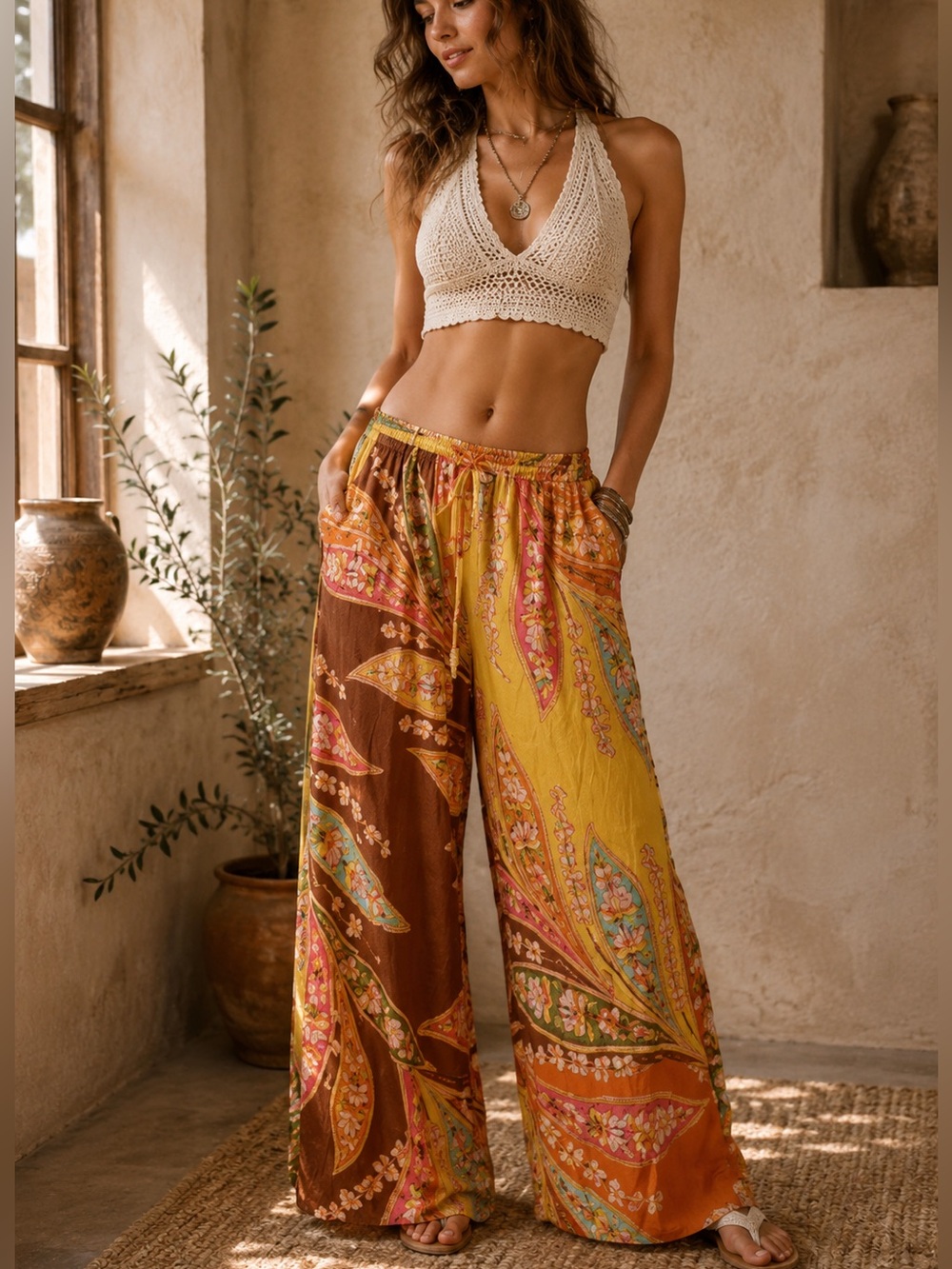 Haute Hippie Orange Yellow Floral Wide Leg Palazzo Print Crepe Pants Size Large